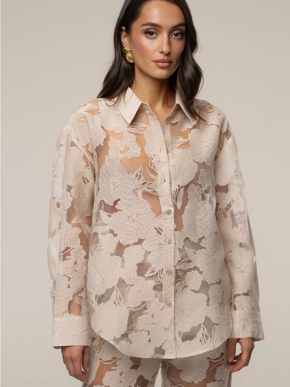 JLUXLABEL White Sheer Floral Lace Button-Down Shirt - Picture 10 of 14